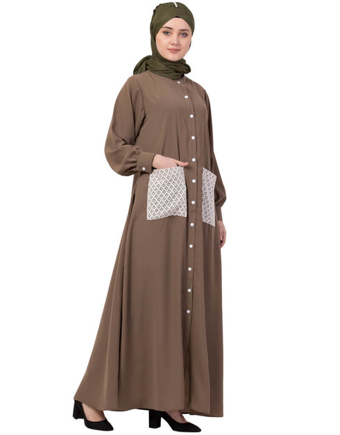 Trendy Front Open white  patch pocket Casual Abaya Brown